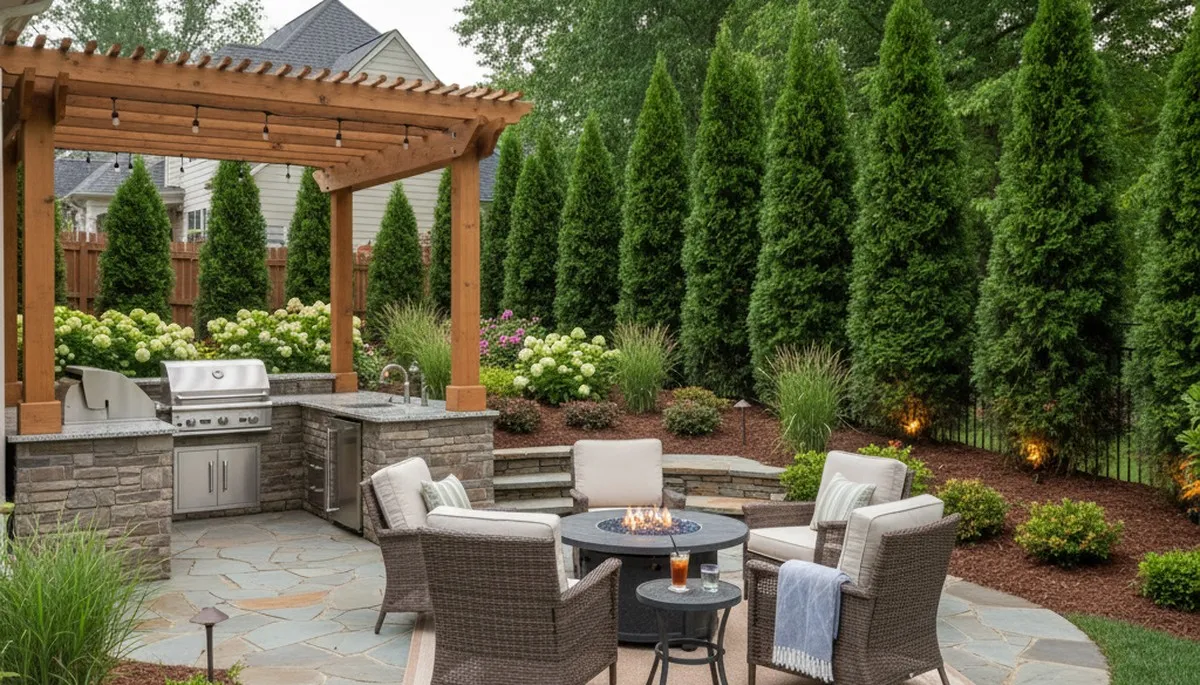 Backyard patio and landscape design with lighting and garden beds by Chop Chop Landscaping in Raleigh, NC