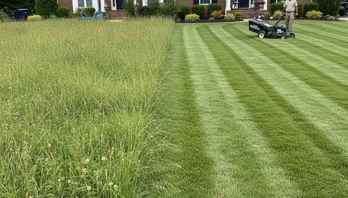 Before and after lawn mowing showing dramatic yard transformation by Chop Chop Landscaping in Raleigh, NC