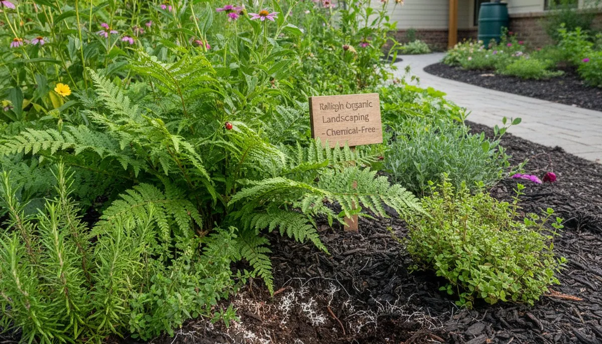 Organic landscape beds with lush plants and natural mulch in Raleigh, NC by Chop Chop Landscaping
