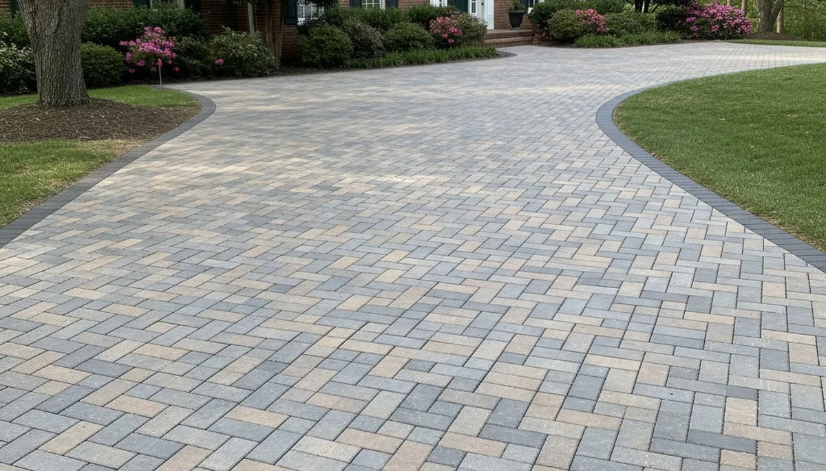 Interlocking paver driveway installation with clean lines and color variation in Raleigh, NC