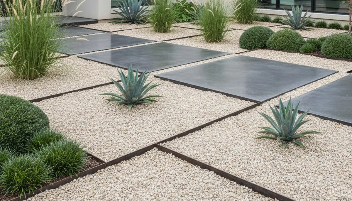 Modern pea gravel landscape design with clean lines and architectural plants in Raleigh, NC