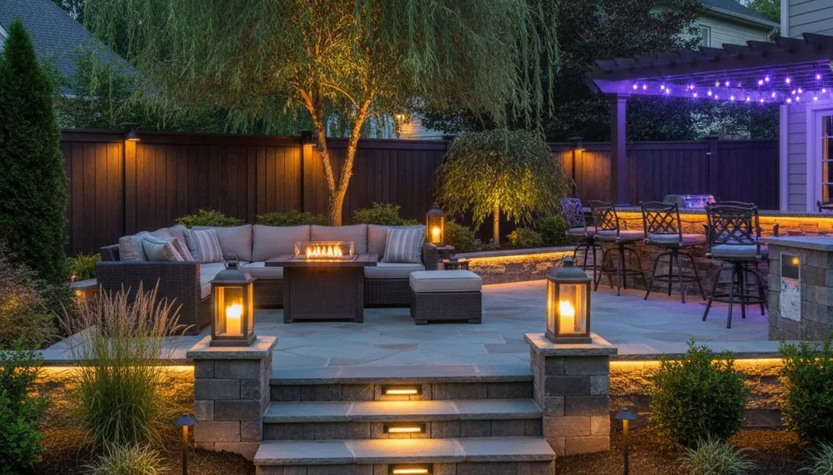 Raleigh NC deck and patio lighting with post cap and step lights by Chop Chop Landscaping