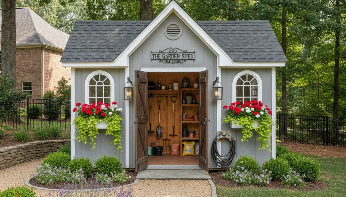 Decorative garden shed with custom landscaping in Raleigh NC by Chop Chop Landscaping