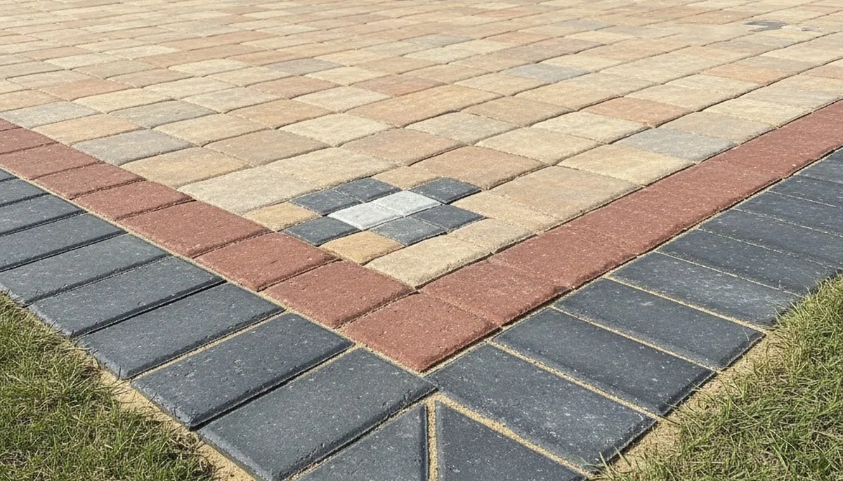 Decorative driveway paver border with soldier course edging by professional landscapers in Raleigh, NC