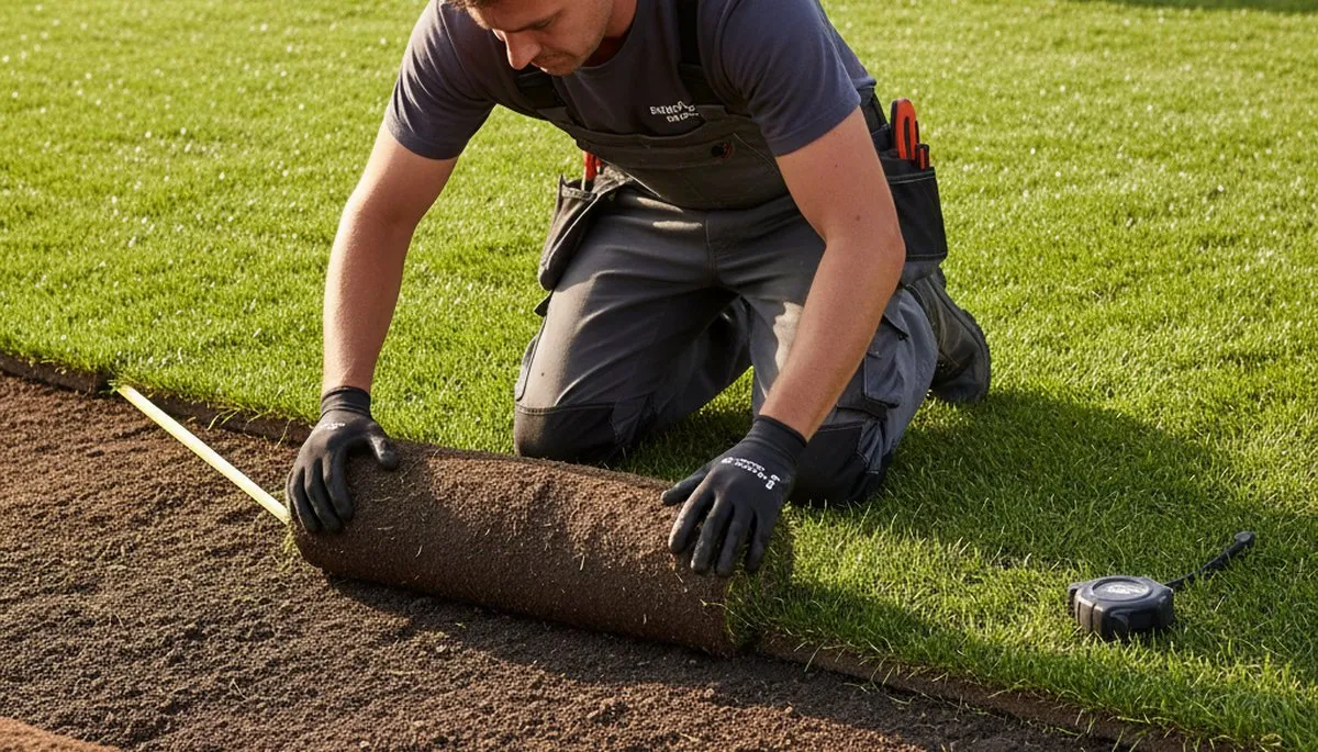 Professional landscaper installing sod rolls with precision in Raleigh, NC lawn renovation project