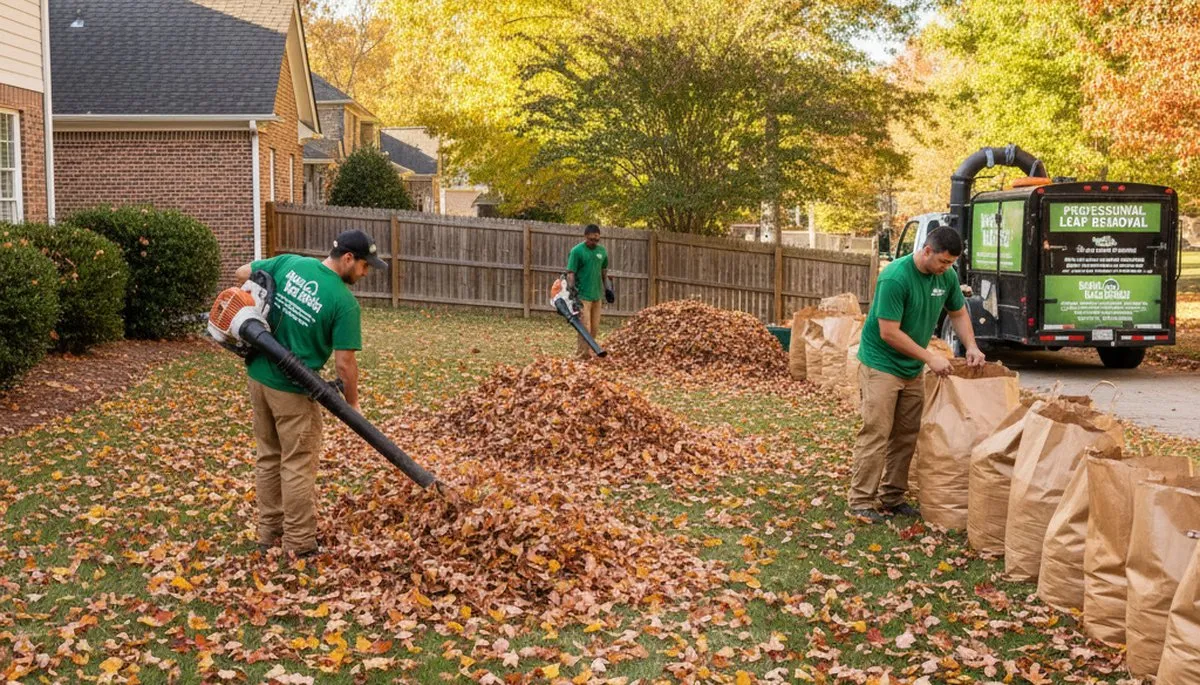 Technicians performing fall leaf cleanup on residential lawn in Raleigh NC by Chop Chop Landscaping