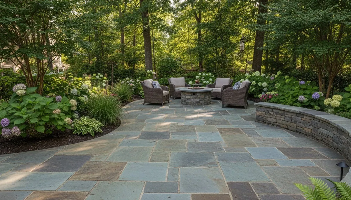 Flagstone patio with natural stone pavers by Chop Chop Landscaping in Raleigh, NC