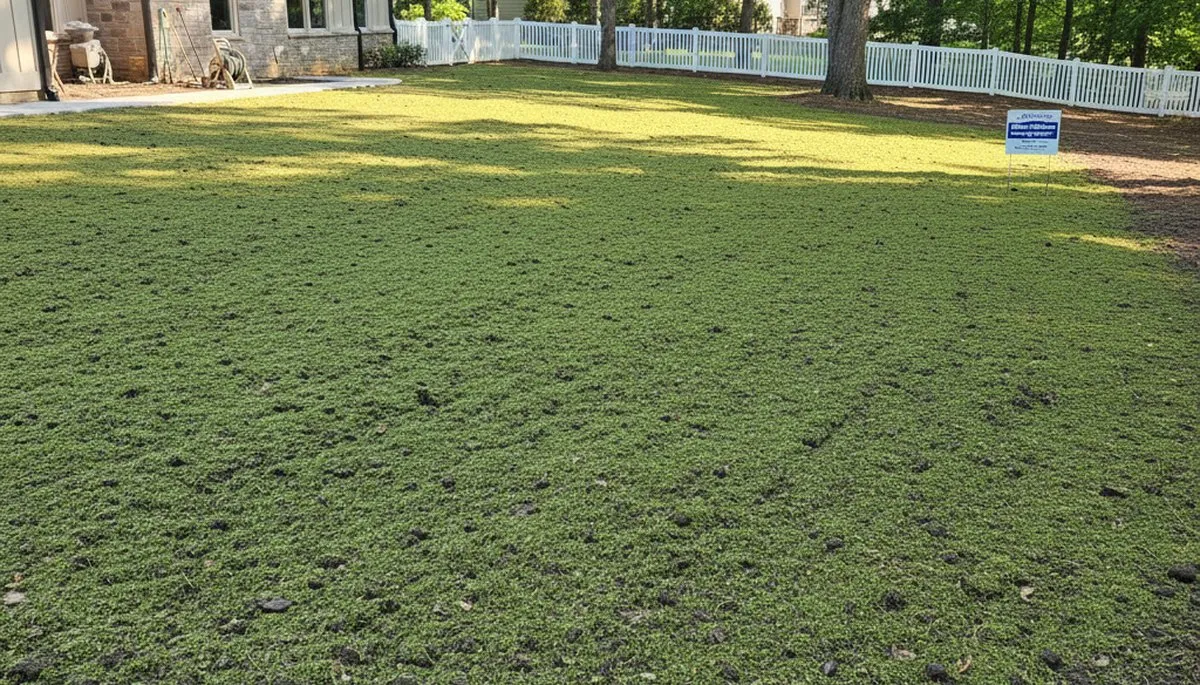 Fresh hydroseed application on prepared soil showing even green lawn coverage in Raleigh, NC