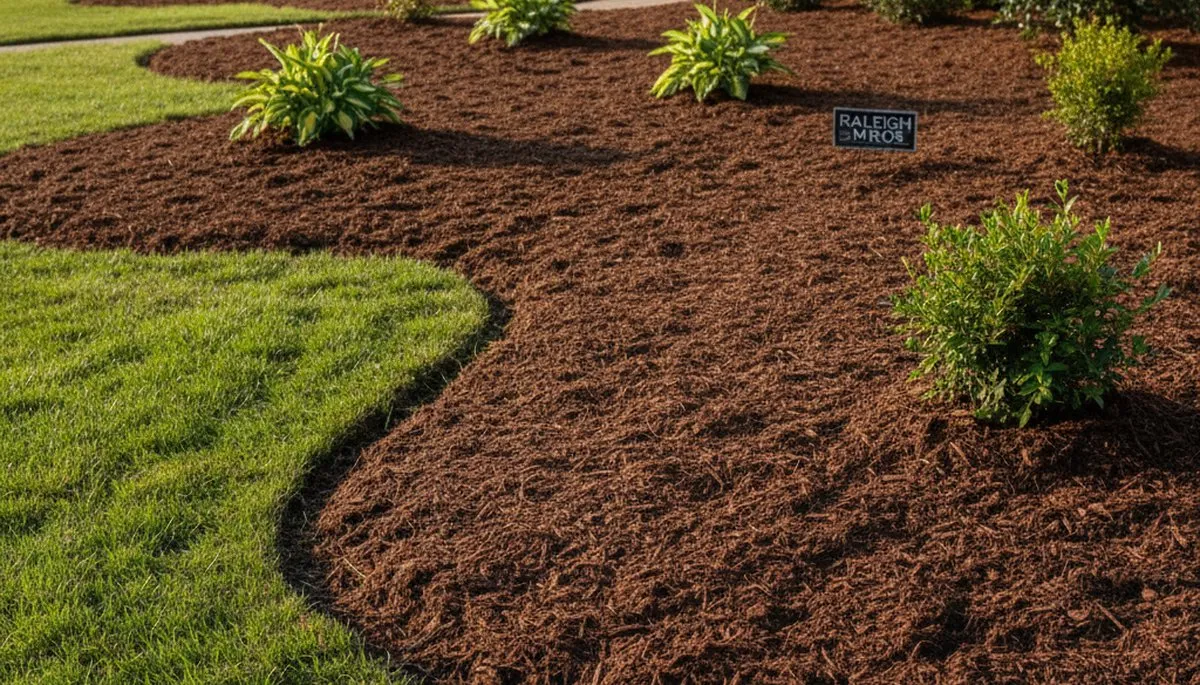Freshly installed mulch beds with clean edges and even coverage by landscaping pros in Raleigh, NC