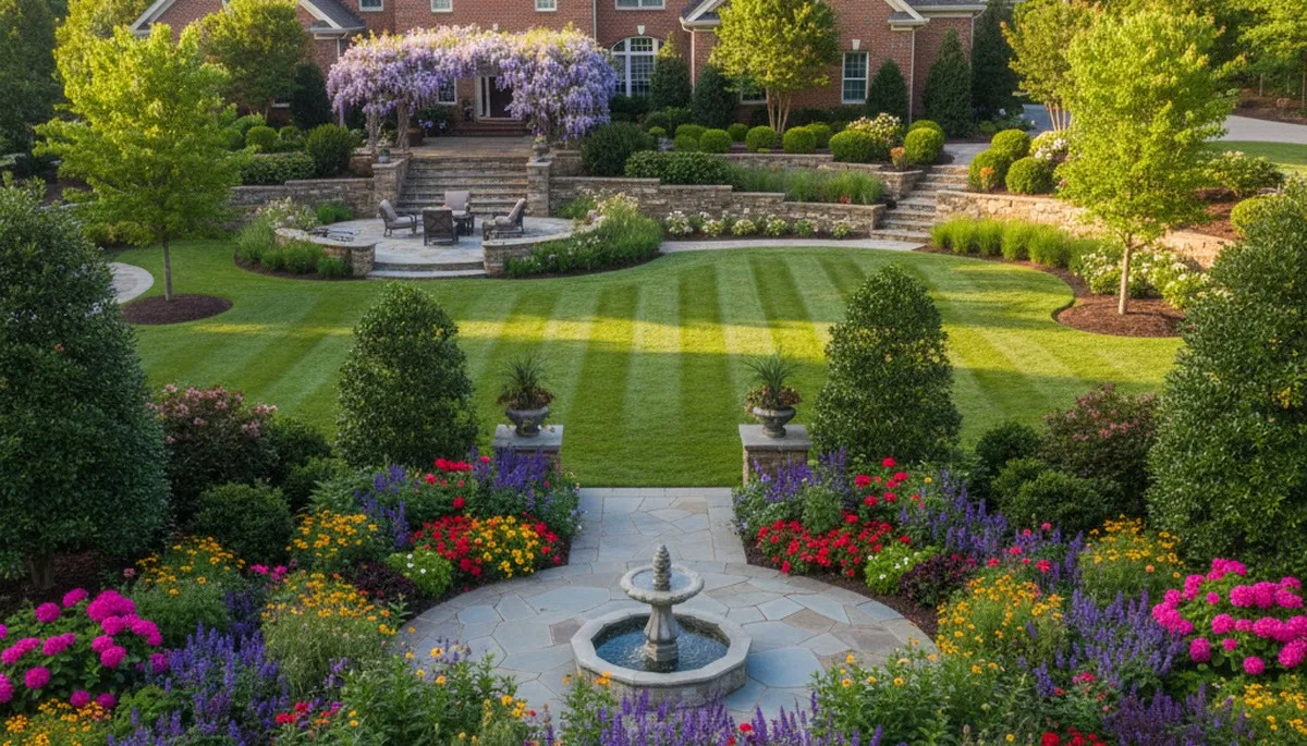 Residential landscape design with flower beds, trees, and lawn by Chop Chop Landscaping in Raleigh, NC