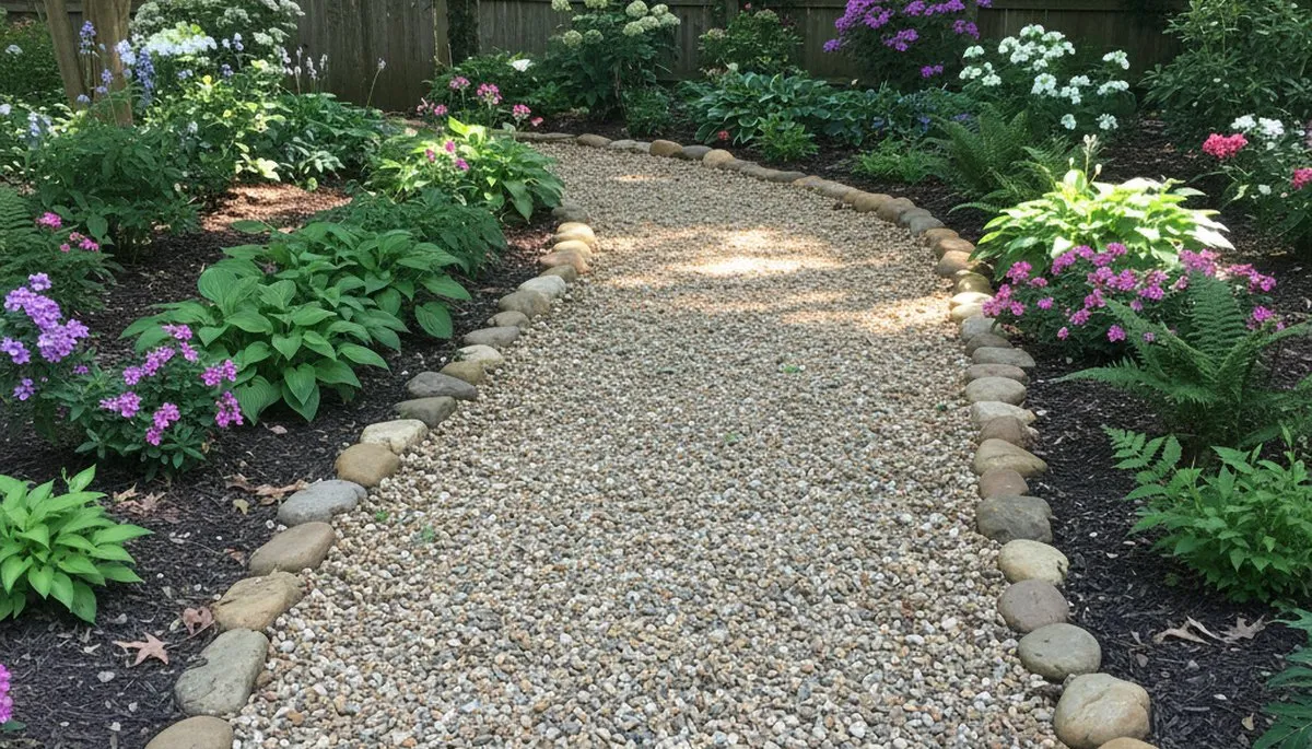 Pea gravel garden pathway design by professional landscapers in Raleigh, NC