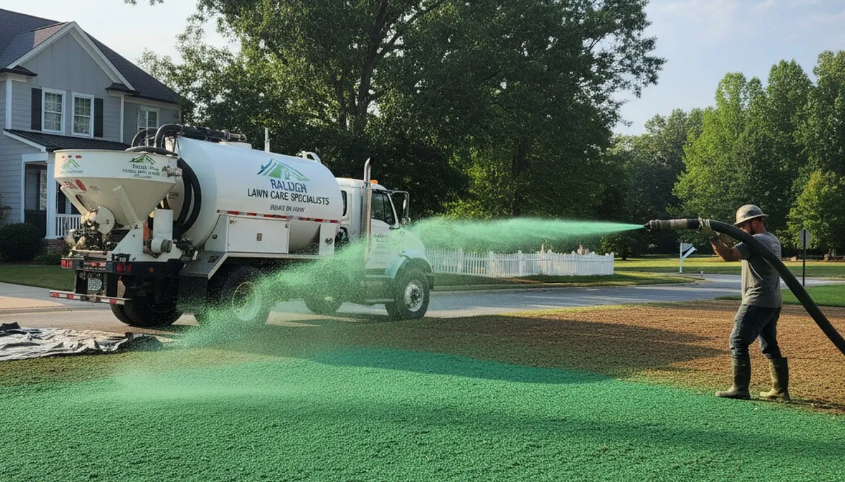 Hydroseeder truck spraying green slurry for professional lawn hydroseeding in Raleigh, NC