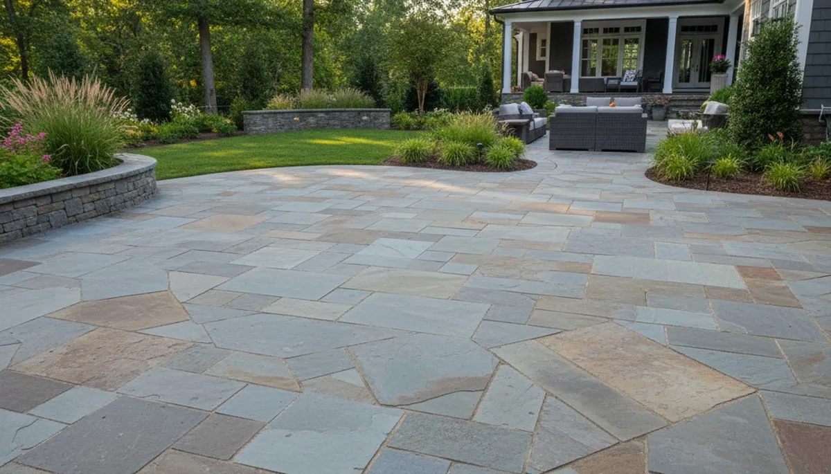 Modern large stone slab patio installation by professional landscapers in Raleigh, NC