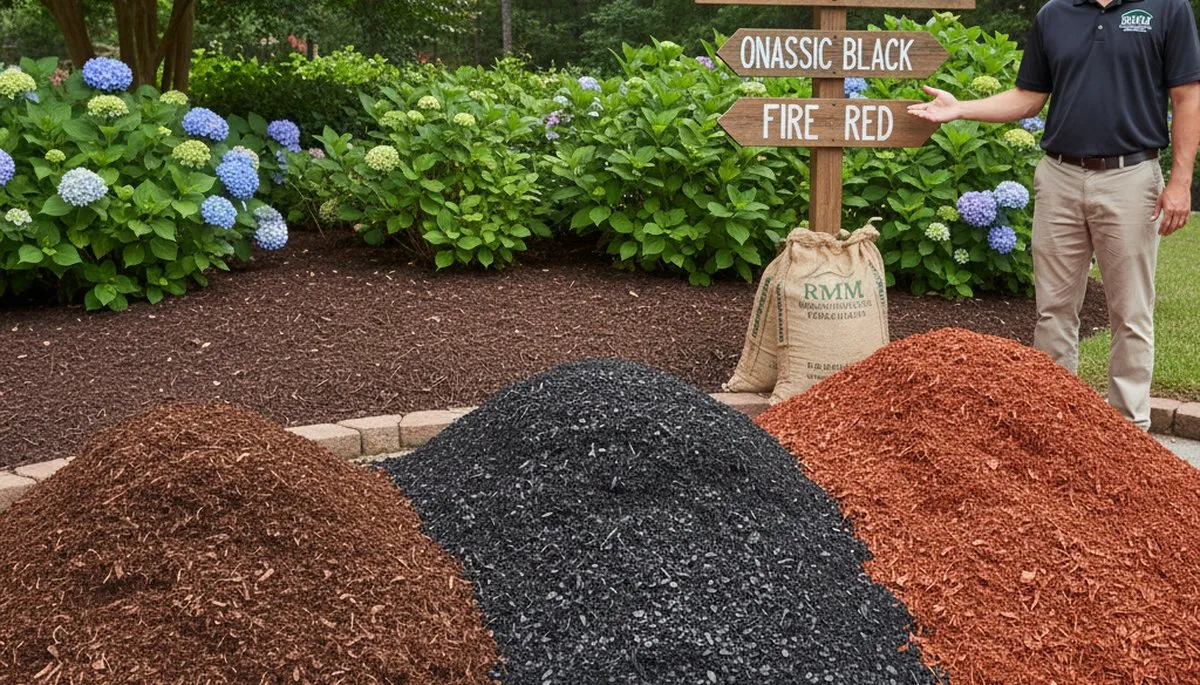 Brown, black, and red mulch varieties displayed for landscaping projects in Raleigh, NC