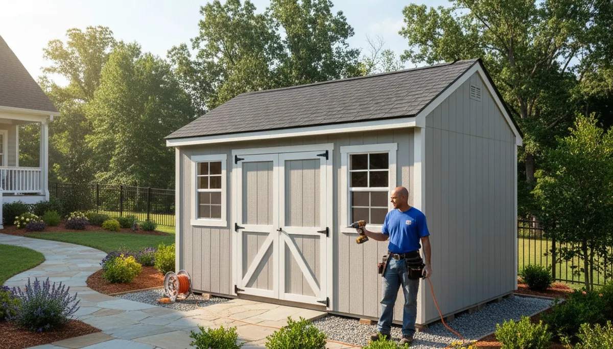 New backyard shed installation with quality landscaping in Raleigh, NC by Chop Chop Landscaping
