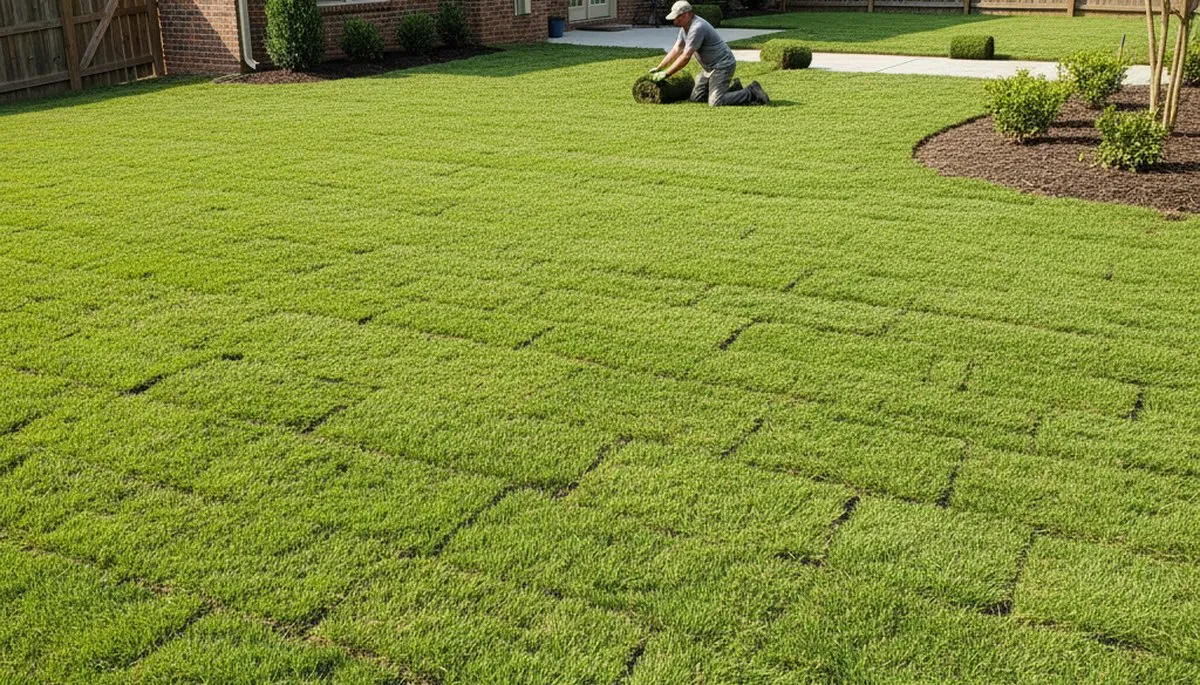 Freshly installed green sod lawn showing instant landscape results in Raleigh, NC by Chop Chop Landscaping