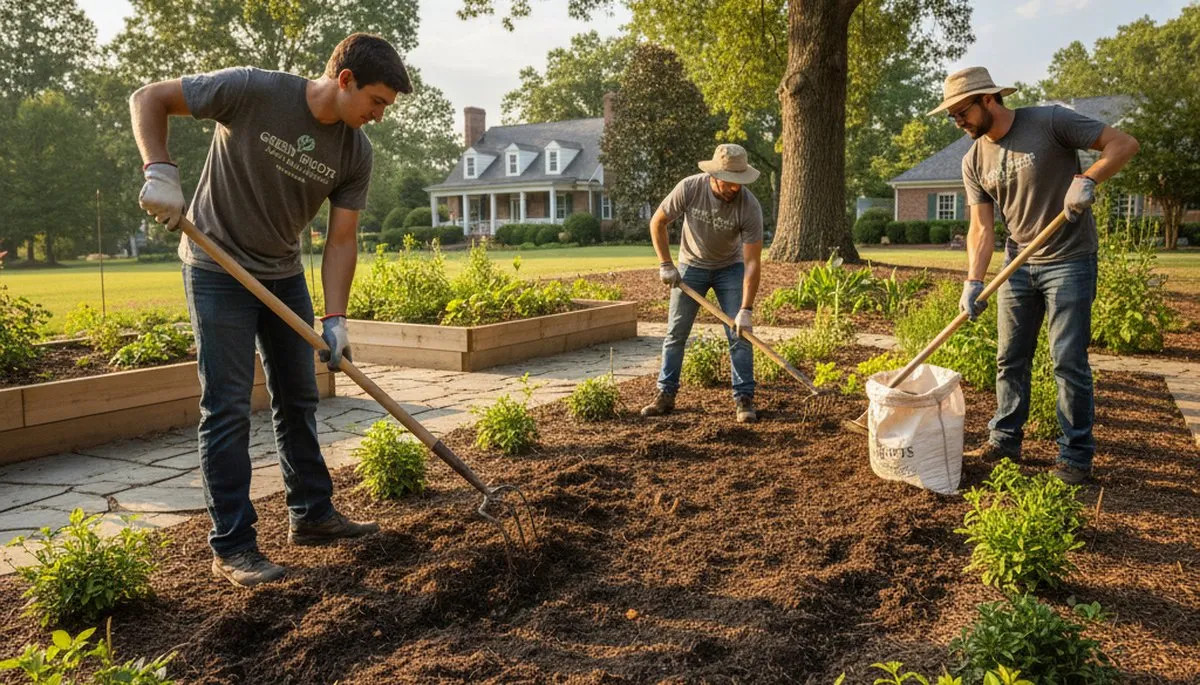 Professional applying organic compost to landscape beds in Raleigh, NC for sustainable lawn care