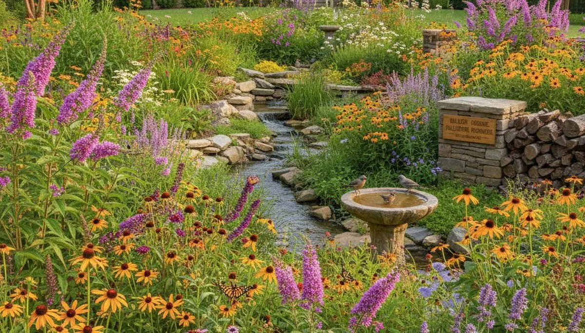 Organic native pollinator garden landscaping with bees and flowers in full bloom in Raleigh, NC