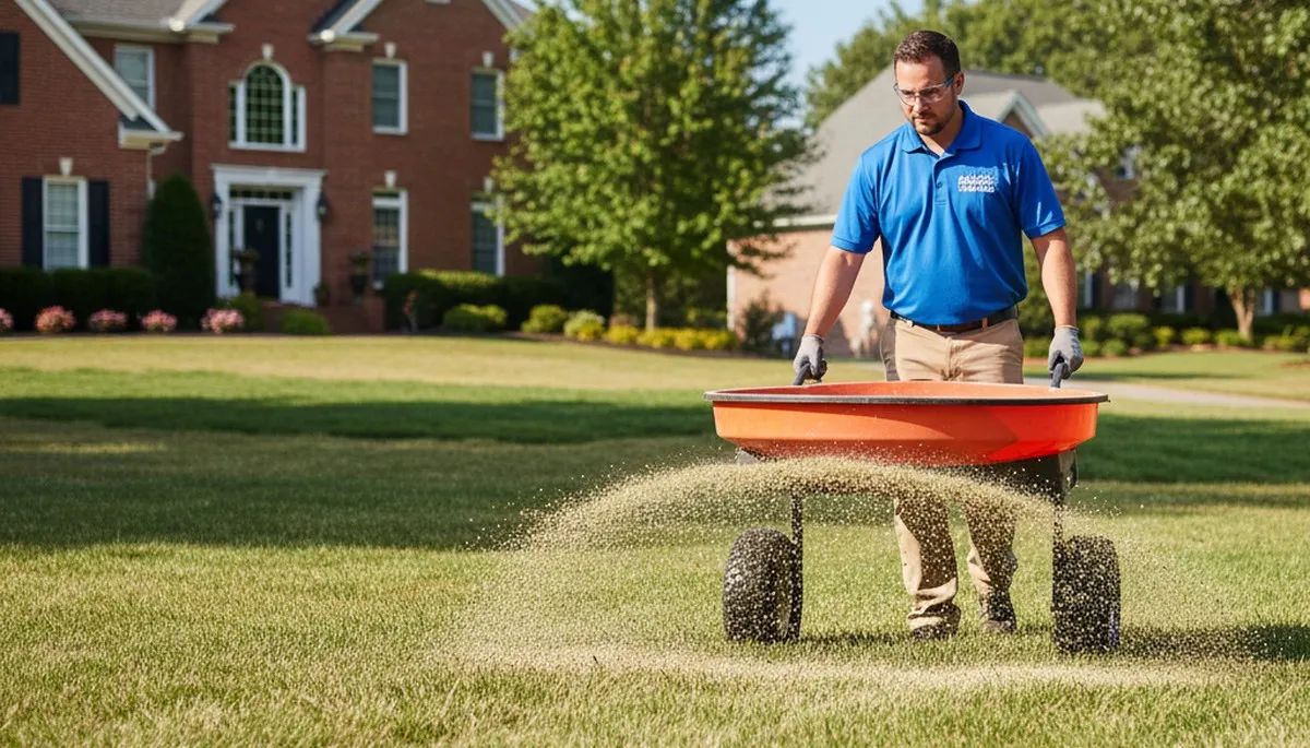 Lawn care technician spreading fertilizer evenly on residential lawn in Raleigh, NC