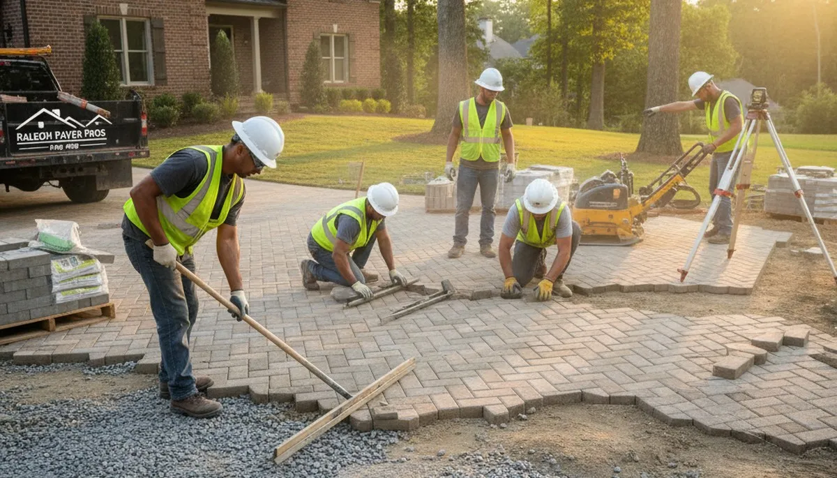 Professional crew installing driveway pavers in Raleigh NC with precise leveling and base preparation