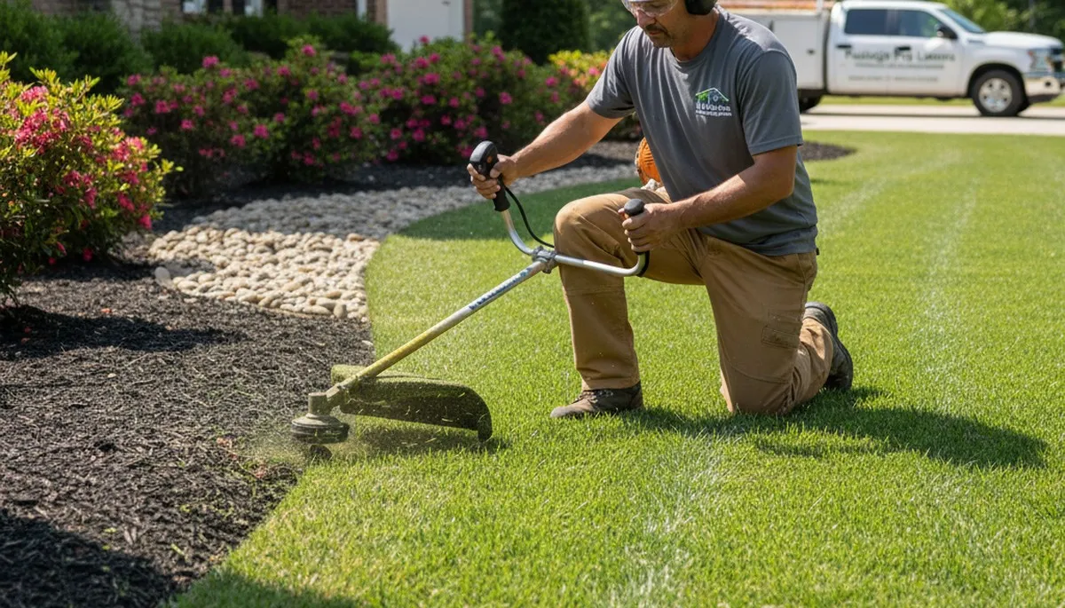 Professional landscaper edging lawn with string trimmer in Raleigh, NC for precise lawn maintenance