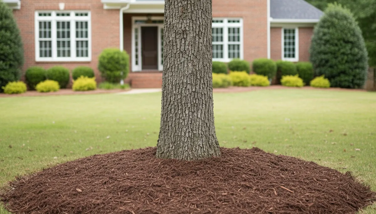Professional tree ring mulching around tree base in Raleigh, NC by Chop Chop Landscaping