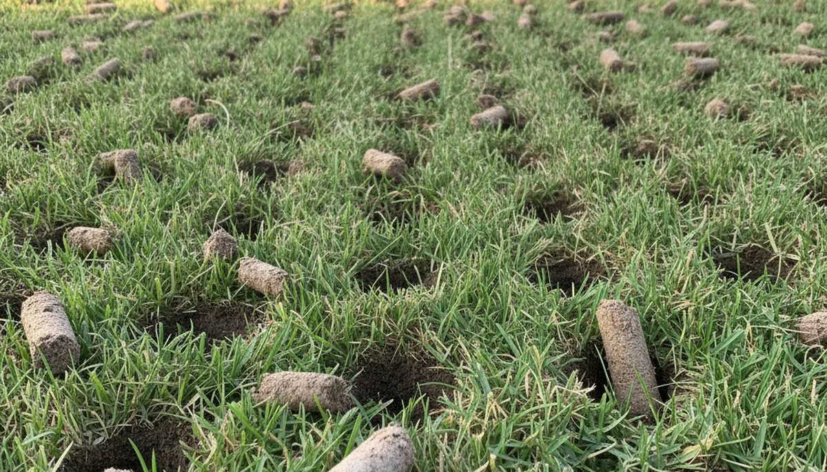 Close-up of soil core plugs after lawn aeration on Raleigh, NC turf by Chop Chop Landscaping
