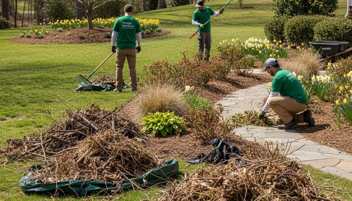 Landscapers clearing winter debris and pruning beds during spring yard cleanup in Raleigh, NC