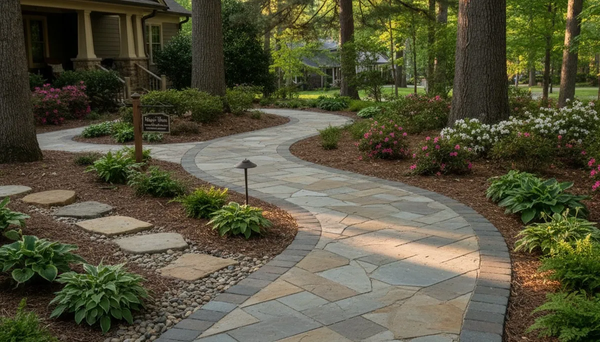 Curved stone paver pathway installed by Chop Chop Landscaping in Raleigh, NC outdoor landscape
