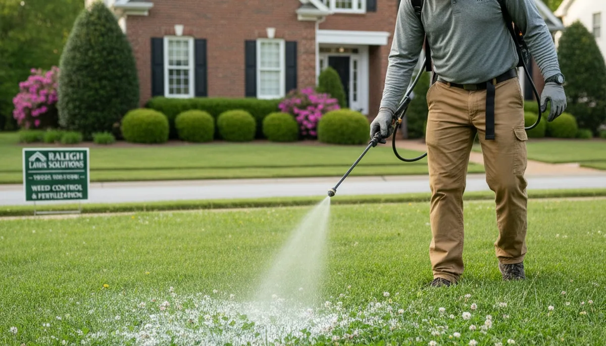 Lawn care pro applying targeted weed control with sprayer in Raleigh, NC for healthy green lawns