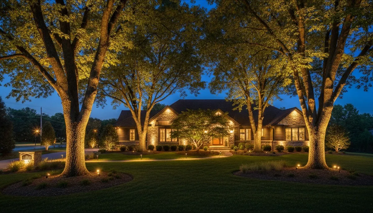 Mature trees with professional uplighting highlighting landscaping design in Raleigh, NC at night